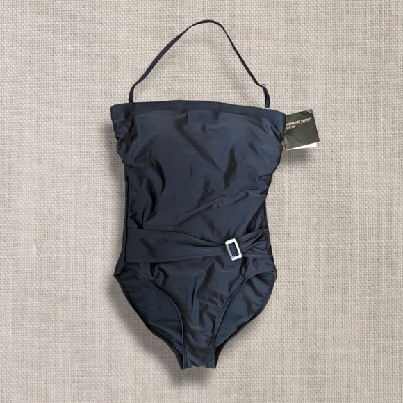 Vintage 90s Bandeau Belted One Piece Swimsuit 12 TALL Classic - Picture 1 of 12